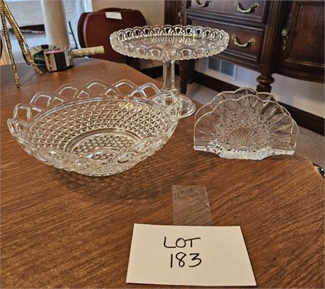 Imperial Glass Laced Edge Bowl, Godinger “Dublin” Napkin Holder and Flint Glass