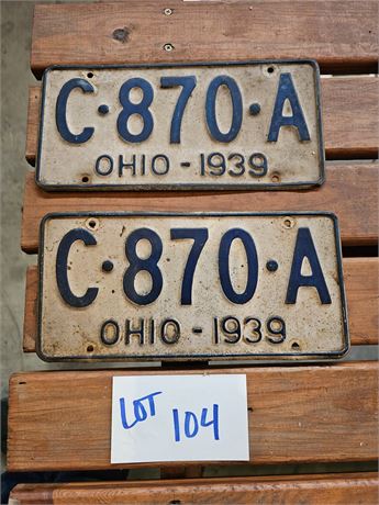 Vintage 1939 Ohio License Plate Set