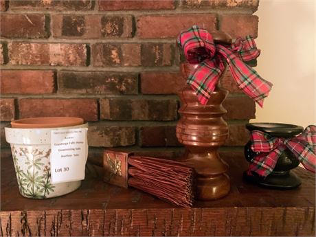Rustic Wooden Candlesticks/Candleholders, Small Vintage Whisk Broom, Flower Pot