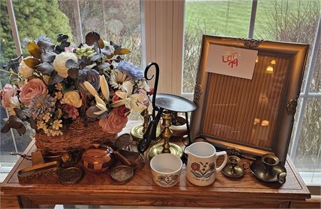 Mixed Decor Lot- Faux Floral, Brass Candle Sticks, Frame & More