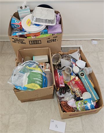 3 Boxes Full Of Party Supplies, Kitchenware, Cookbooks & Much More