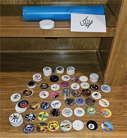 Vintage 1990's Pog Slammers, Bigfoot, 8 Ball & Ying/Yang & Pogs