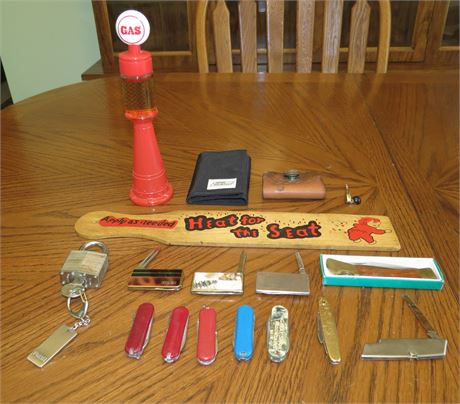 Mixed Lot: Pocket Knives, Wallet, Paddle, Etc
