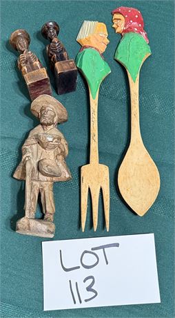Vintage Wood Hand-Carved Figurines & Utensils