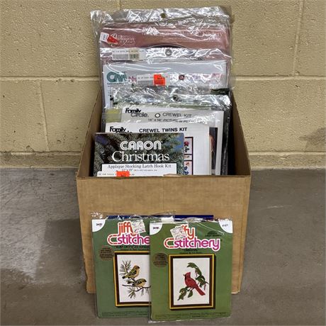 Box Filled with Unused VINTAGE Needlecraft Kits!