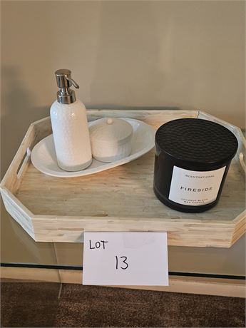 Lacquer World Serving Tray, Scentsational Fireside Candle & Vanity Accessories