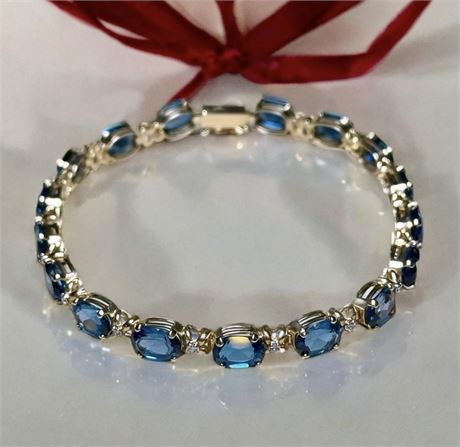 VTG 14K Gold London Blue Topaz X Diamond Tennis Bracelet 7", 9.9 grams