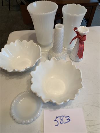 Vintage White Milk Glass Vases and Bowls Lot