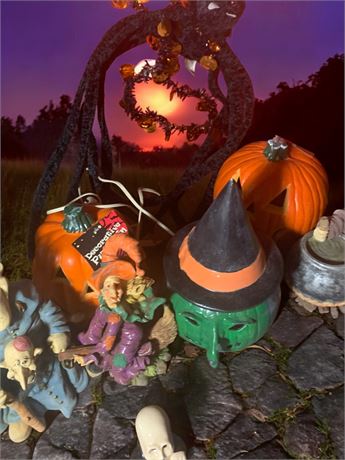 Halloween Decoration Lot - Light Up Jack-O-Lanterns, Witch Figurines & More