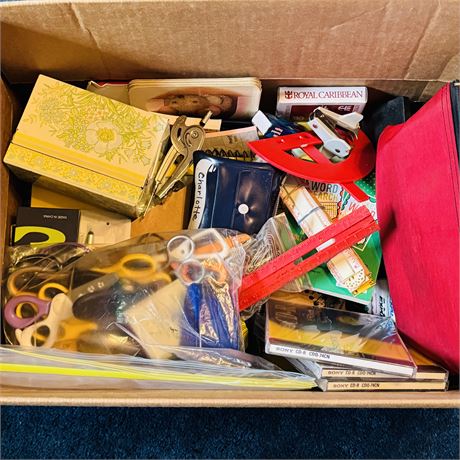 Box Lot of Mixed Office Supplies and Whatnots