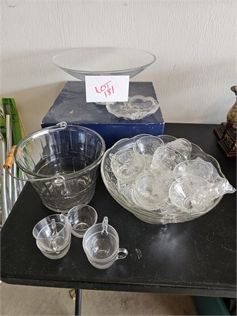 Mixed Glass Lot- Mikasa Footed Fruit Bowl, Punch Bowl & Cups, Ice Bucket & More