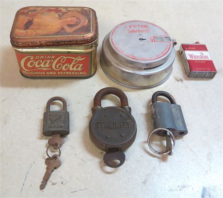 3 Padlocks, Coca Cola Tin, Winston Lighter, Coin Bank