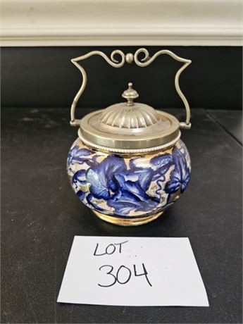 Flow Blue 1895 F.C & Co. Biscuit Jar With Silverplate Lid & Handle