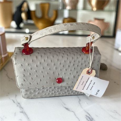 Coblentz Original Grey Ostrich Leather Handbag W/Red Handle Button Clasp