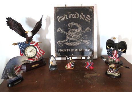 Patriotic Lot: Eagle Figurines, Sign, Clock