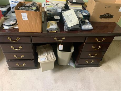 Dark Cherry Wood 9 Drawer Executive Desk W/Decorative Brass Door Pulls