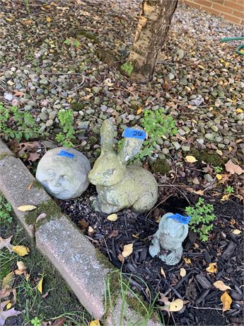 Cement Bunny Statuary and Plastic Yard Art