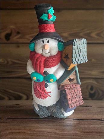 Ceramic Holiday Snowman Holding a Birdhouse Figurine 18" Tall