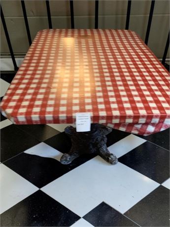 Rectngle Plywood Table W/Cast Iron Base & Checkered Vinyl Tablecloth
