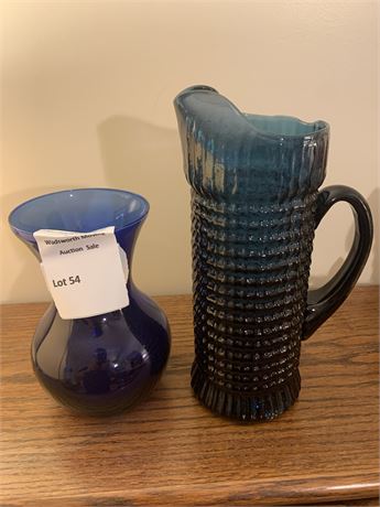 Cobalt Blue Hand-blown Hobnail Pattern Pitcher & Cobalt Blue Glass Vase