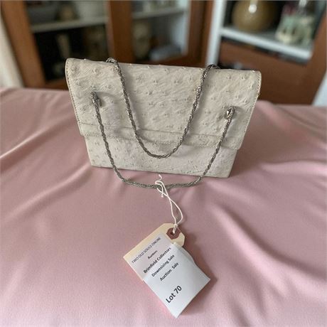 White Ostrich Leather Clutch Handbag W/Silver-Toned Chain Strap