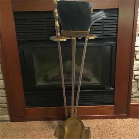 Five-Piece Gold Tone Metal Fireplace Tool Set In Rack