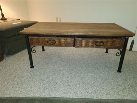 Wood & Rattan Coffee Table with Drawers