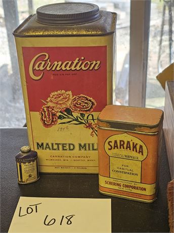 Vintage Large Carnation Tin / Mennen's Talc Powder & Saraka Laxative Tin