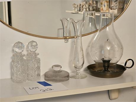 Mixed Decor: Crystal Cut Bottles / Etched Vase / Candle Holder & More
