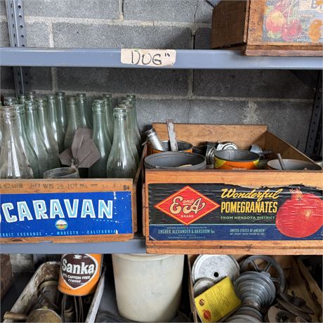 Crates and Contents on Shelf - Old Bottles, Casters, Parts, Metal