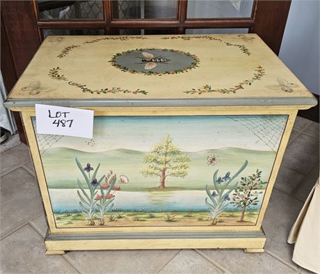 Vintage Bombay Hand-Painted Wooden Storage Chest Featuring Garden Landscape