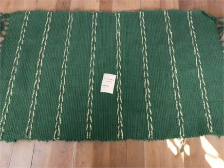 Dark Green & White Striped Woven Bohemian-Style Throw Rug W/Green Accent Fringe