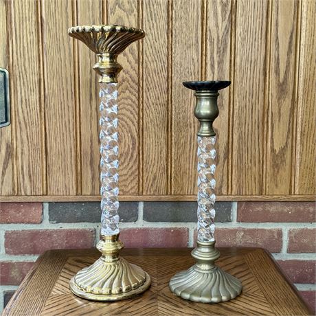 Brass and Lucite Twist Candlestick Holders 14.5” (tallest)