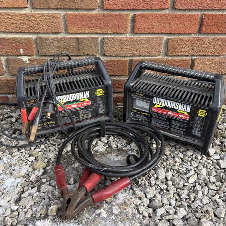 2 Outdoorsman Car Battery Chargers and Cables Lot