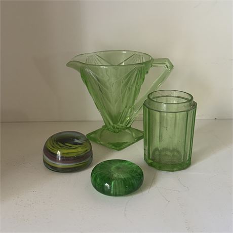 Vaseline Glass Pieces and Small Antique Art Glass Paperweights
