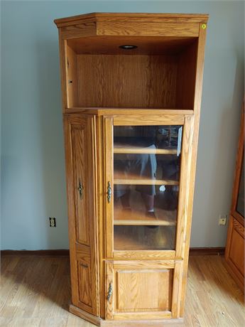 Lighted Oak Wood Corner Storage Cabinet w/ Adjustable Wooden Shelves