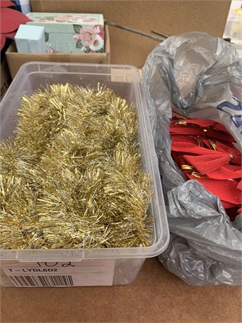 Christmas Gold Tinsel Garland and Red Bows Lot