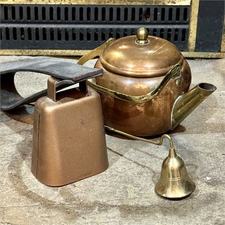 Vintage Metalware Bundle - Cowbell, Small Teapot, Snuffer