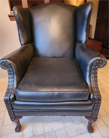 Vintage Navy Colored Leather Wingback Chair