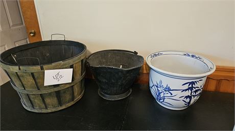Vintage Bushel Basket, Metal Coal Bucket & Asian Theme Planter