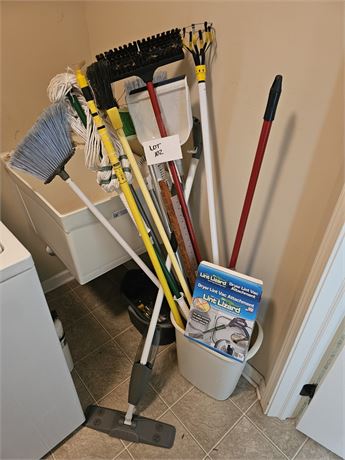 Mixed Cleaning Supplies- Mops, Brooms, Swifter, Lint Lizard, Bucket & More