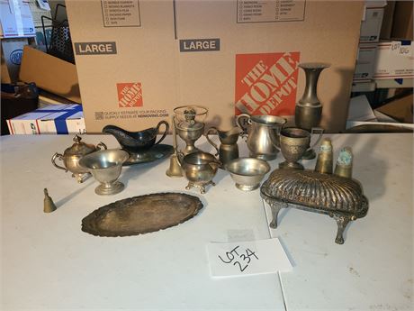 Mixed Metals & Silverplate Lot: Creamers / Sugar / Butter Dish / Vases & More