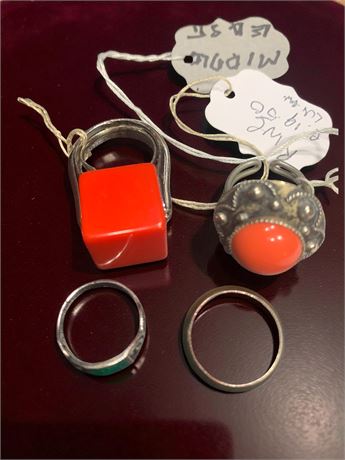 Vintage Ring Lot of 4 - Mood Ring, Coral, Red Lucite Cube & More