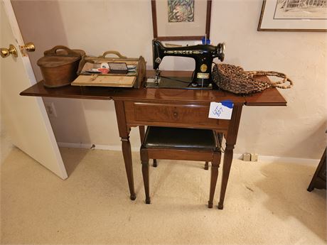 Singer Sewing Machine&Cabinet + Old Sewing Boxes filled w/ Sewing Notions & More