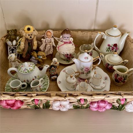 Woven Basket Filled with Miniature Tea Sets, Figurines & More