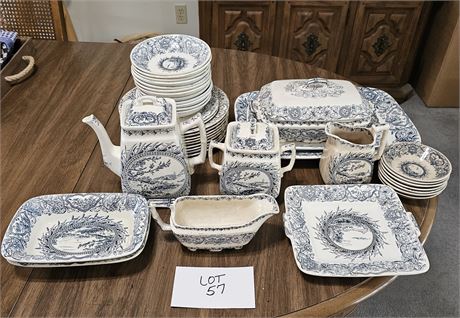 Antique Ideal Grindley Blue & White Dinner Set- Plates, Bowls, Teapot, Sugar,