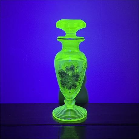 Antique Vaseline Glass Hand Painted Perfume Bottle - 5"