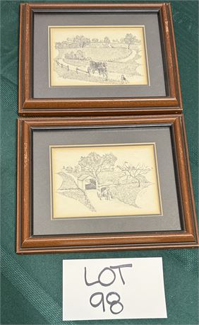 Amish Art Sketch by D Manning 1984 Set Of Two Matte And Framed