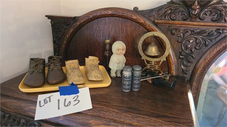 Mixed Antique Collectibles:Baby Booties/Cobalt S&P Set/Celluloid Toy & More