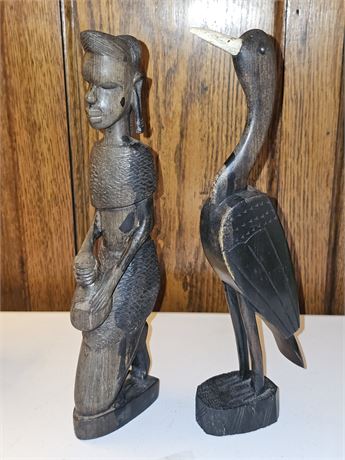 Vintage Wood Carved African Lady & Egret